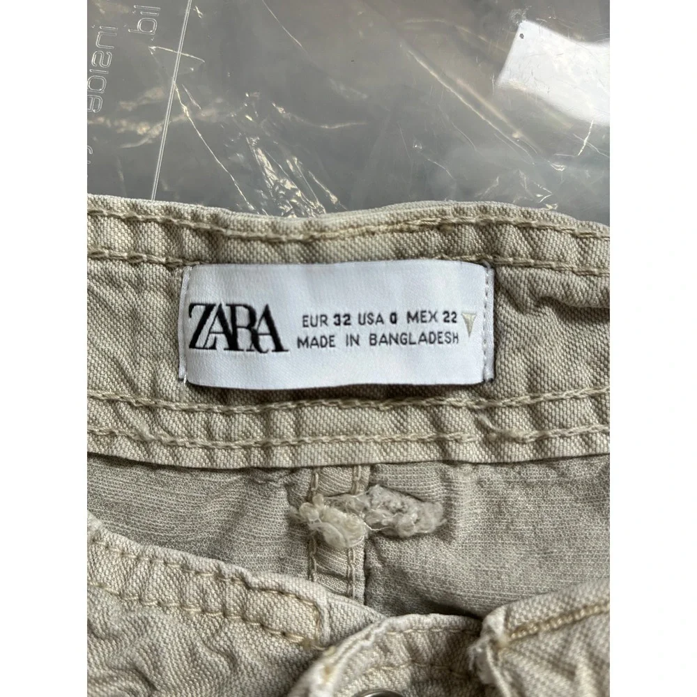 Zara Women Tan Khaki‎ Lyocell Linen Blend Utility Cargo Pants Size 0 EUR 32